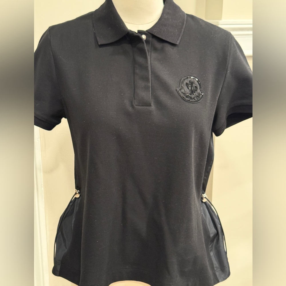 Moncler Black Piqué cotton and Taffeta
Drawstring Waist Sequin Logo Polo Top
